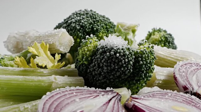 Close up shot of frozen broccoli celery and red onion covered in ice crystals on a white background with soft lighting