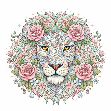 Majestic Lion Head with Pink Roses and Pastel Mandala Patterns