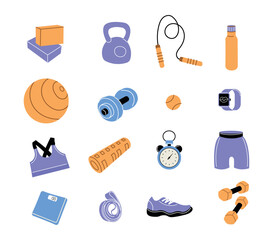 Fitness Equipment Collection Illustration.  Sport bra, kettlebell, pilates band isolated on white.	