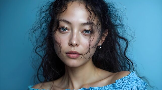 Portrait artistique d'une jeune femme aux cheveux ondul&eacute;s sur fond bleu