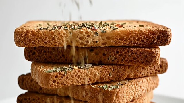 Crispy Toasted Bread Slices Stacked High With Herbs and Spices Sprinkled From Above Studio Lighting