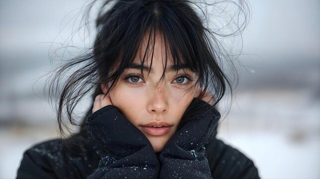 Jeune femme aux cheveux noirs dans la neige avec gants sombres