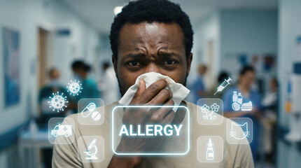 A man sneezes into a tissue and an allergy button appears on a virtual interface.