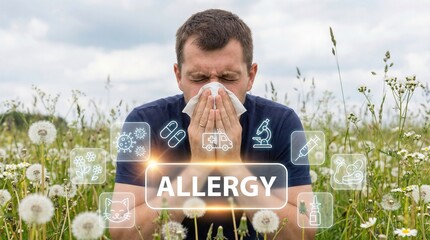 A man sneezes into a tissue and an allergy button appears on a virtual interface.