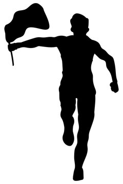 Silhouette of a male athlete running with a flag in his hand after a competition