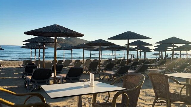 blue chair on Agia Marina beach, Crete Greece, toned