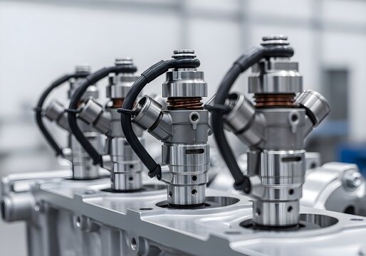 Automotive Engine Components: Row of high precision fuel injectors on a modern car engine block, mechanical engineering, vehicle performance, manufacturing and repair concept