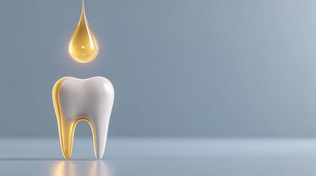 Glowing Golden Droplet of PRF Healing Membrane Hovering Over a Tooth Socket Symbol in a Minimalist Setting