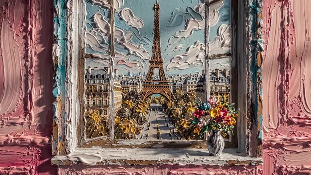 A colorful scene shows a window view of the Eiffel Tower. A bouquet of flowers sits on the window sill, framing the iconic Eiffel Tower beautifully in the background.