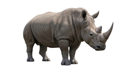 Obraz premium Majestic white rhinoceros stands powerfully isolated against a pristine white studio backdrop, highlighting its impressive horns and unique textured hide
