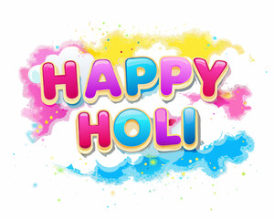 A vibrant and colorful illustration celebrating the Holi festival with the words 'HAPPY HOLI' in bold, playful letters