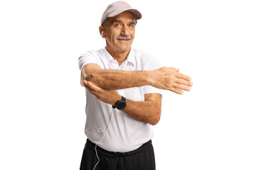Senior man with earphones stretching his arm
