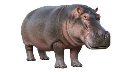 Obraz premium Majestic Hippopotamus Standing on White Background, a Powerful African Mammal Portrait Capturing its Unique Features, Impressive Size, and Characteristic Grey Skin in High Detail