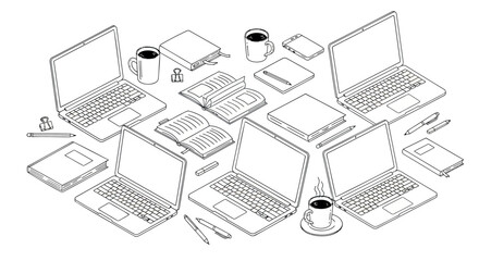 Vector illustration of laptops, tablets, smartphones, and office supplies for website, presentation or marketing mockup, isolated on transparent background, png