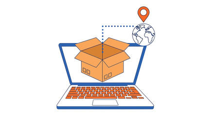 Vector illustration of cardboard box shipping out from laptop, for logistics or ecommerce concept, isolated on transparent background, png