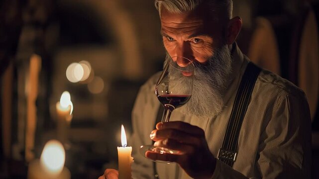 Elderly winemaker examining red wine by candlelight in rustic cellar showing tradition craftsmanship passion and the art of winemaking