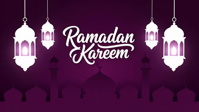 Ramadan Kareem text with glowing lanterns and mosque on dark purple background