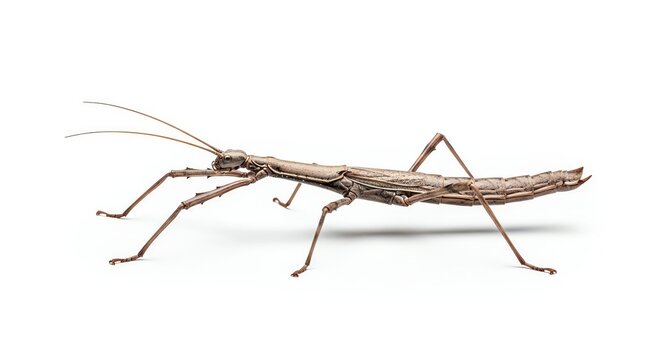 Detailed studio shot of a brown stick insect, highlighting its remarkable natural camouflage and unique elongated body against a pristine white background