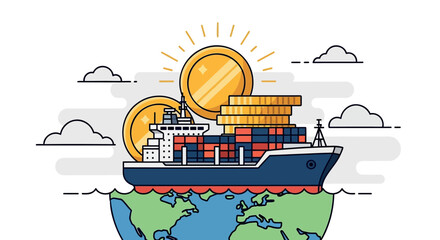 Vector illustration of cargo ship with coins on globe, for business or finance concept, isolated on transparent background, png