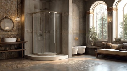 Elegant modern bathroom design featuring a glass shower, stylish tub, ornate tiles, natural light, and comfortable seating for a serene atmosphere
