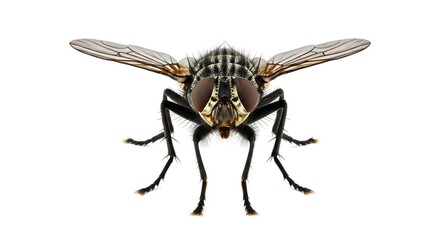 Obraz premium Close-up macro view of a common housefly with intricate details of its compound eyes and wings against a clean white background