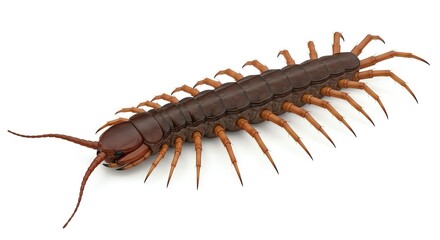 Striking high-angle view of a brown centipede, a multi-legged arthropod with predatory instincts and segmented body, isolated on a clean white background