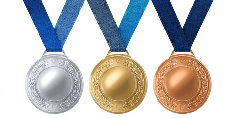Three medals, silver, gold, and bronze, hang on blue ribbons against a white background