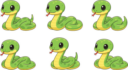 Obraz premium Cute Green Snake Character Collection Set Flat Cartoon Vector Illustration Isolated on White Background
