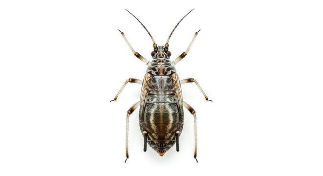 Close-up top view of an insect on a white background, showcasing its intricate details and segmented body