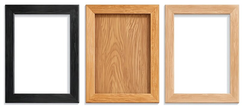 Three empty picture frames, black, woodgrain, and light wood, on a white background