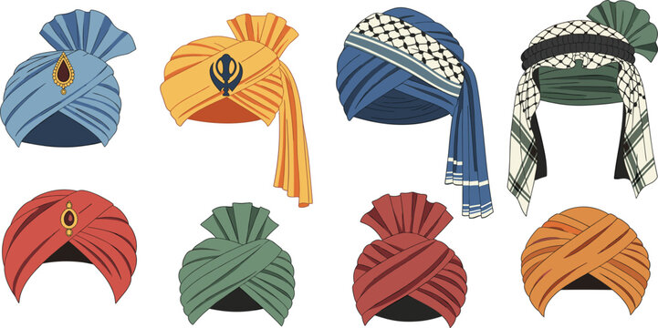 Traditional Turban Collection Set in Different Styles and Colors Flat Vector Illustration Isolated on White Background