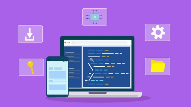 Flat illustration of software development workspace with laptop showing code editor, mobile interface, and upload processing icons representing programming and digital workflow.
