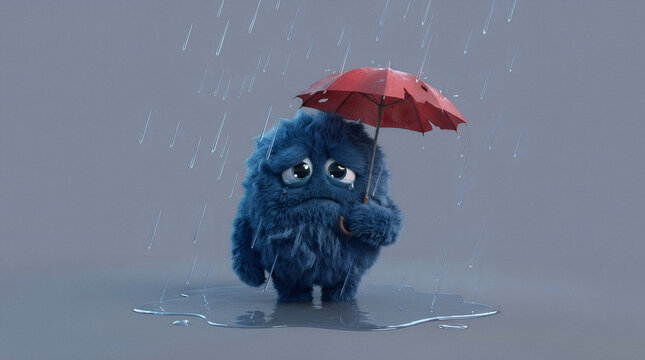 Sad furry blue monster holding a broken red umbrella in the rain, standing in a puddle on grey background. Banner template of concept for loneliness, depression, or bad weather day, copy space.