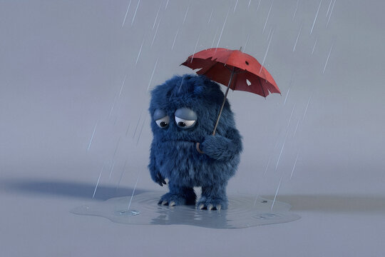 Sad furry blue monster holding a broken red umbrella in the rain, standing in a puddle on grey background. Banner template of concept for loneliness, depression, or bad weather day, copy space.