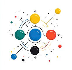 Fototapeta premium Colorful, circular graphic with spheres, arrows, lines, and dots, on white