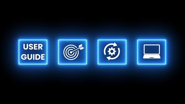 User guide icons with neon glowing animation isolated on black background