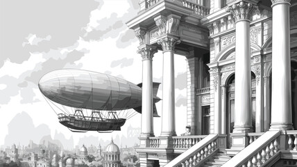Steampunk airship flying beside ornate classical building, retro futuristic city skyline illustration with vintage dirigible and historic architectural fantasy scene © Creatives Art
