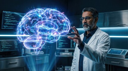 Scientist in lab coat interacts with holographic brain projection displaying neural networks and code in a futuristic laboratory setting with advanced technology and computer screens.