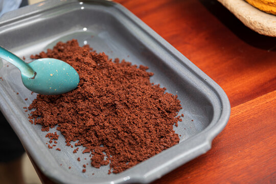 Ground chocolate waiting to be processed for beverage