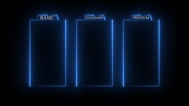 Glowing neon Basic, Standard, and Premium Package subscription tiers, Animation. Pricing and Features, Pricing plans table, pricing chart, price list for web or app tech concept .