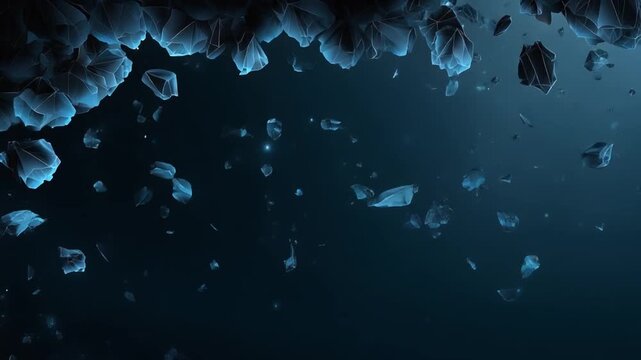 Blue-toned, abstract art piece features geometric shapes that seem to be floating