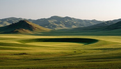 Vast grassy plain with a unique circular depression, rolling hills in the background