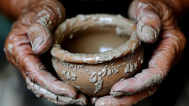 Hands shaping clay pot with intricate patterns in artistic pottery craftsmanship