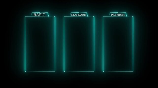 Glowing neon Basic, Standard, and Premium Package subscription tiers, Animation. Pricing and Features, Pricing plans table, pricing chart, price list for web or app tech concept .