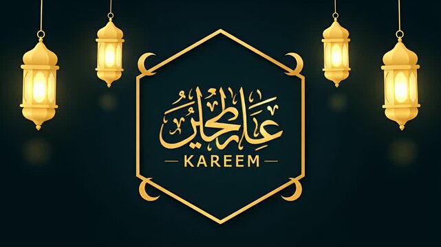 Elegant Ramadan Kareem greeting card with gold lanterns and arabic calligraphy