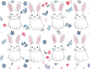 Obraz premium Cute pastel bunny rabbit seamless pattern with floral doodles cartoon animal nursery background vector illustration design