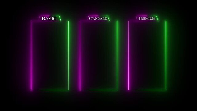 Glowing neon Basic, Standard, and Premium Package subscription tiers, Animation. Pricing and Features, Pricing plans table, pricing chart, price list for web or app tech concept .