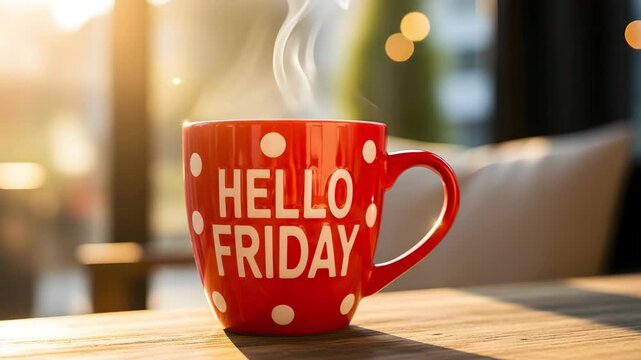 Red Mug With Hello Friday Text Steam Rising Sunny Background Coffee Break Morning Ritual HD high quality video. 