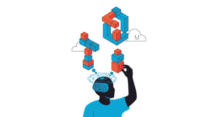 Fototapeta premium A person wearing virtual reality goggles interacts with complex, floating isometric blocks, illustrating concepts of digital creation, problem-solving, and building in the metaverse.