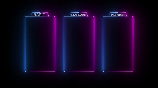 Glowing neon Basic, Standard, and Premium Package subscription tiers, Animation. Pricing and Features, Pricing plans table, pricing chart, price list for web or app tech concept .